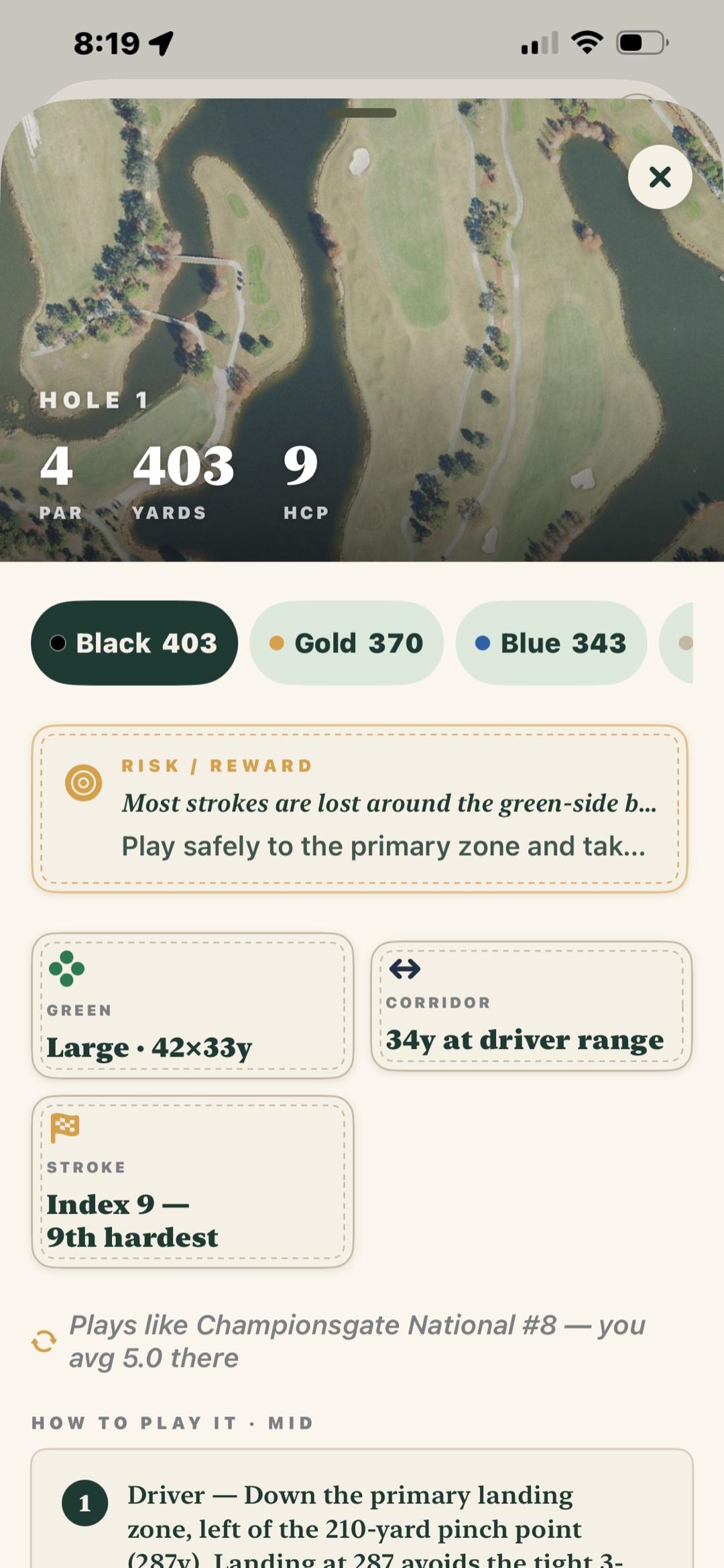 Course intelligence hole page showing tees, risk and reward, corridor, and green geometry