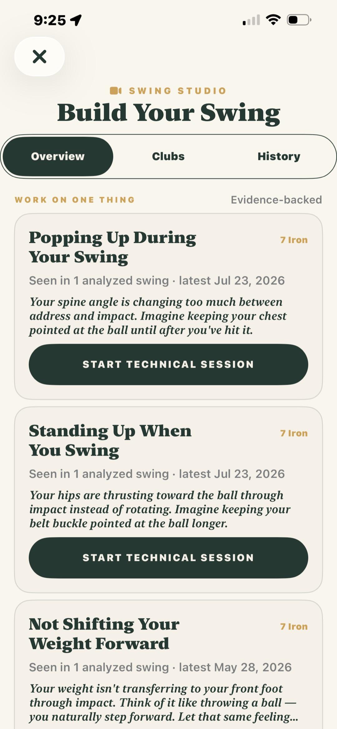 Drop The Hands Swing Studio showing one evidence-backed swing issue to work on