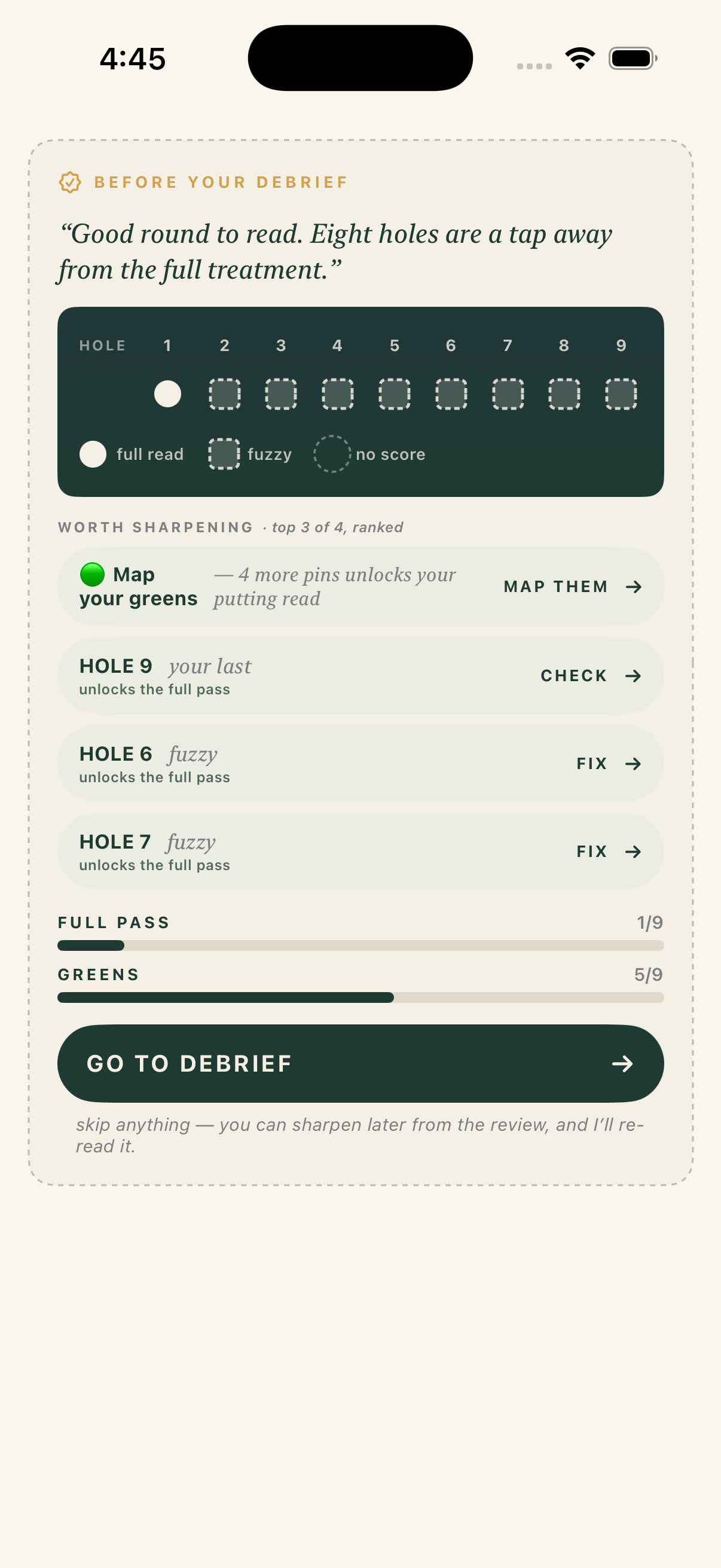 Drop The Hands report check-in showing which holes are ready for a full coaching read
