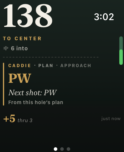 Apple Watch approach plan showing 138 to center and pitching wedge from the hole plan