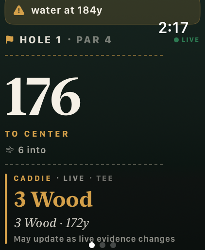 Apple Watch live tee call showing 176 to center, 3 Wood, and a water warning